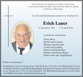 Traueranzeige von Erich Lauer 