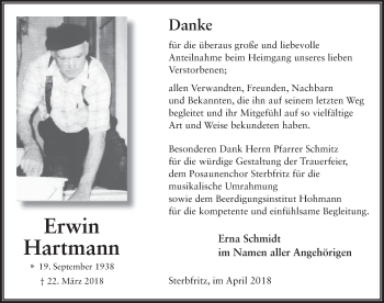 Traueranzeige von Erwin Hartmann 