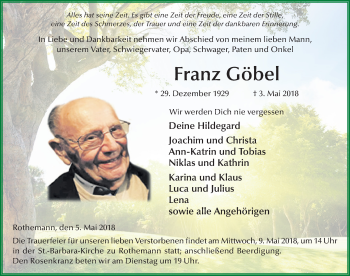Traueranzeige von Franz Göbel 