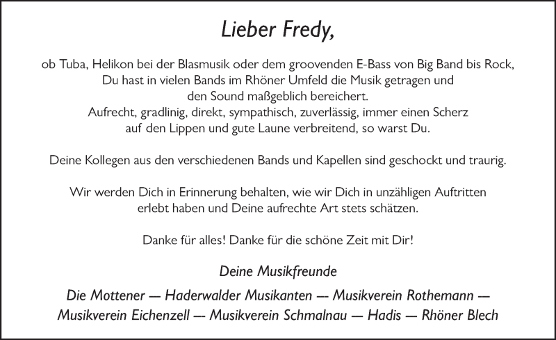  Traueranzeige für Fredy Drüschler vom 11.05.2018 aus 