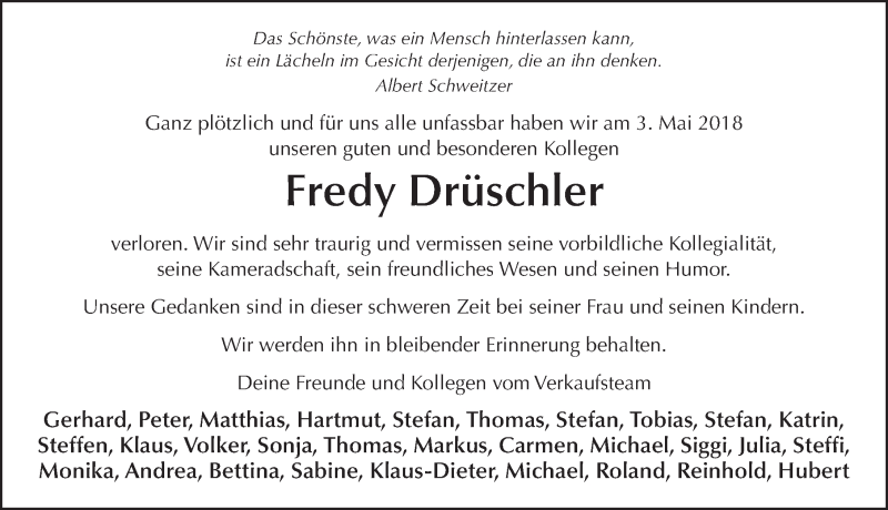  Traueranzeige für Fredy Drüschler vom 11.05.2018 aus 