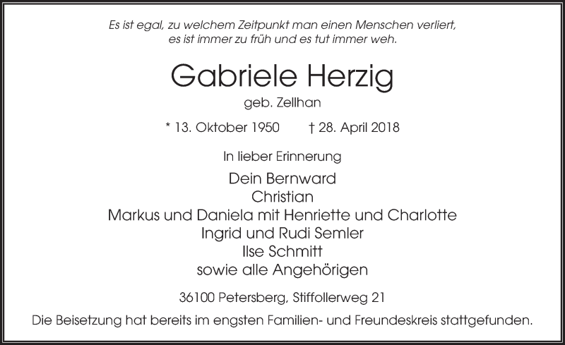  Traueranzeige für Gabriele Herzig vom 07.05.2018 aus 