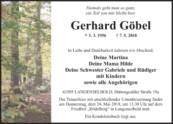 Traueranzeige von Gerhard Göbel 