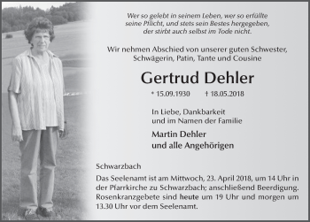 Traueranzeige von Gertrud Dehler 