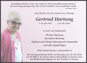 Traueranzeige von Gertrud Hartung 