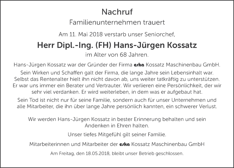  Traueranzeige für Hans-Jürgen Kossatz vom 16.05.2018 aus 