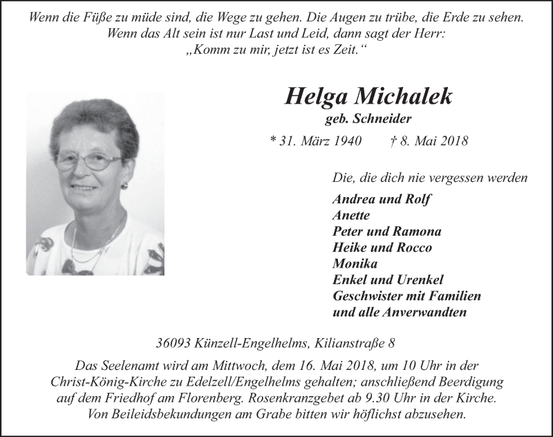  Traueranzeige für Helga Michalek vom 12.05.2018 aus 