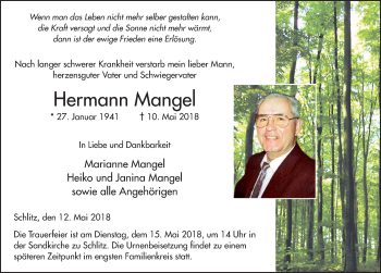 Traueranzeige von Hermann Mangel 