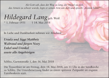 Traueranzeige von Hildegard Lang 