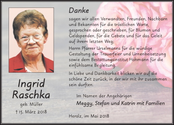 Traueranzeige von Ingrid Raschka 