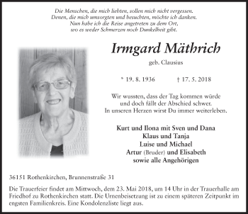 Traueranzeige von Irmgard Mäthrich 