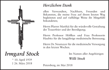 Traueranzeige von Irmgard Stock 