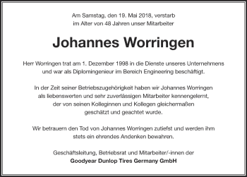 Traueranzeige von Johannes Hermann Worringen 
