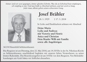 Traueranzeige von Josef Brähler 