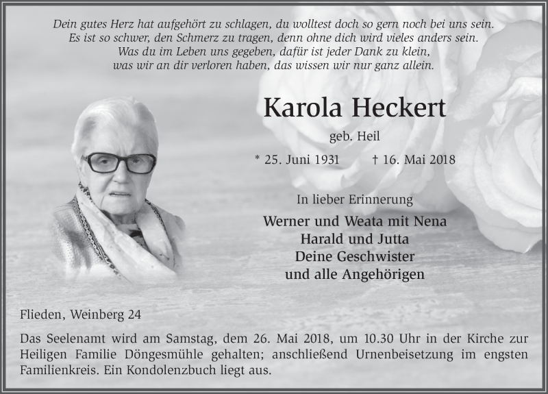  Traueranzeige für Karola Heckert vom 23.05.2018 aus 