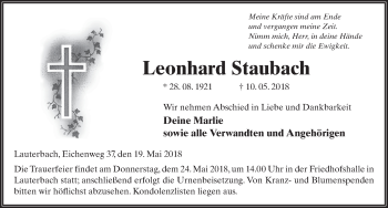 Traueranzeige von Leonhard Staubach 