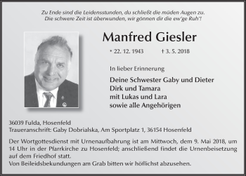 Traueranzeige von Manfred Giesler 