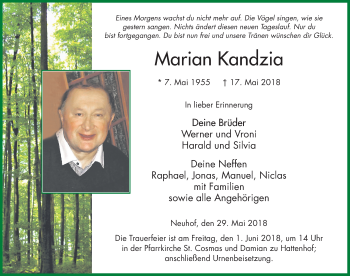 Traueranzeige von Marian Kandzia 