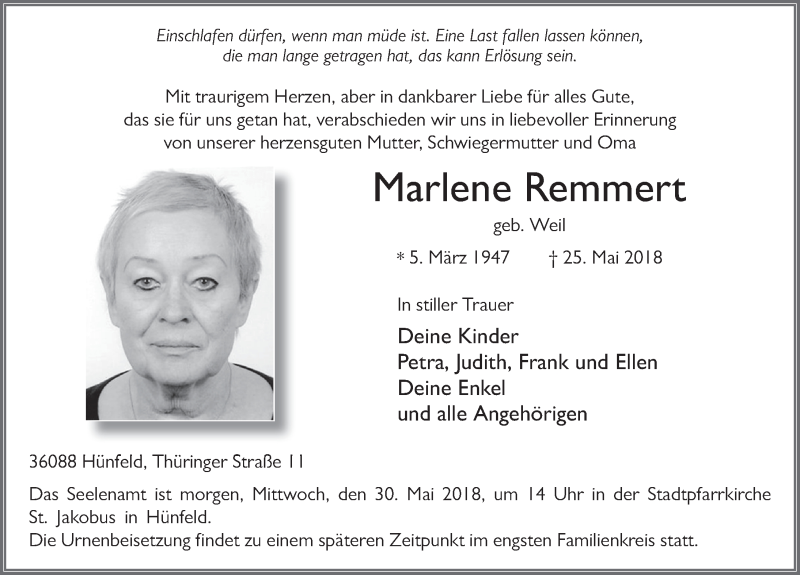  Traueranzeige für Marlene Remmert vom 29.05.2018 aus 