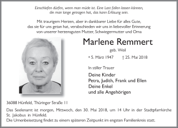 Traueranzeige von Marlene Remmert 