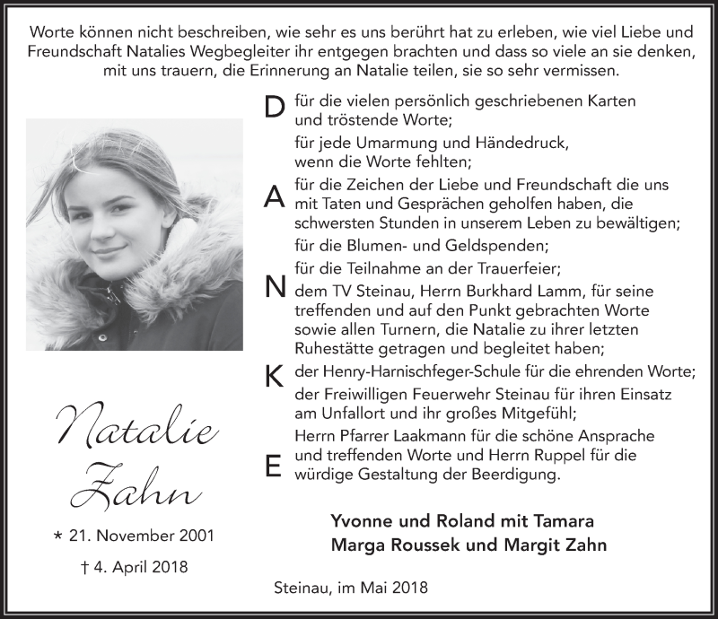  Traueranzeige für Natalie Zahn vom 05.05.2018 aus 