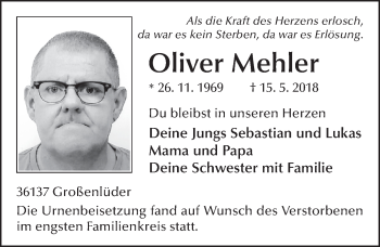 Traueranzeige von Oliver Mehler 