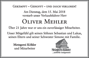 Traueranzeige von Oliver Mehler 