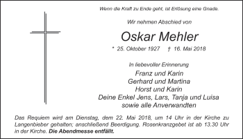 Traueranzeige von Oskar Mehler 