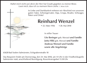 Traueranzeige von Reinhard Wenzel 