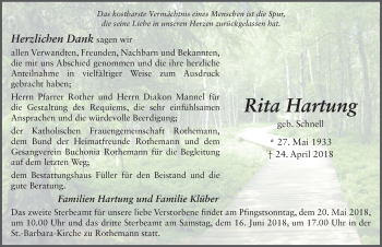 Traueranzeige von Rita Hartung 