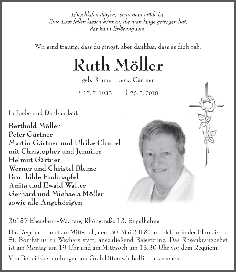  Traueranzeige für Ruth Möller vom 26.05.2018 aus 