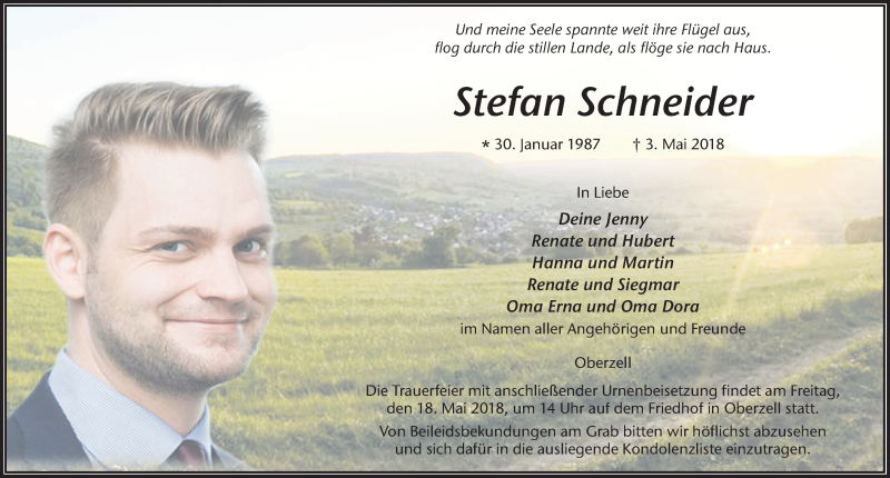  Traueranzeige für Stefan Schneider vom 12.05.2018 aus 