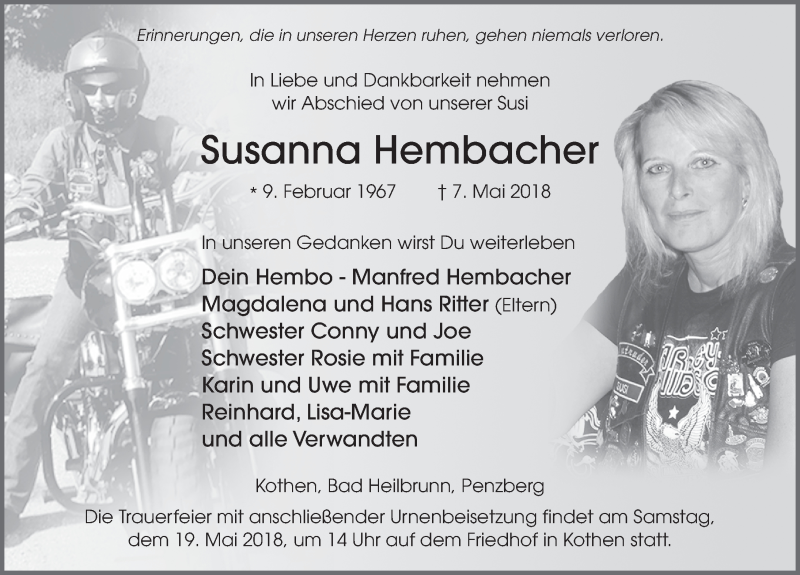  Traueranzeige für Susanna Hembacher vom 17.05.2018 aus 