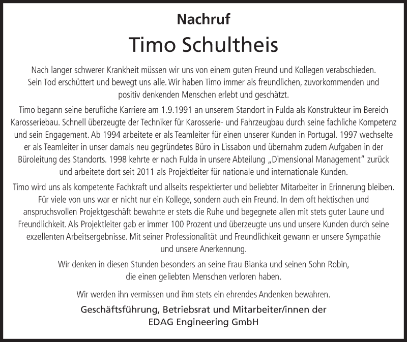  Traueranzeige für Timo Schultheis vom 03.05.2018 aus 