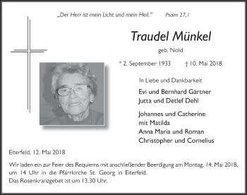 Traueranzeige von Traudel Münkel 