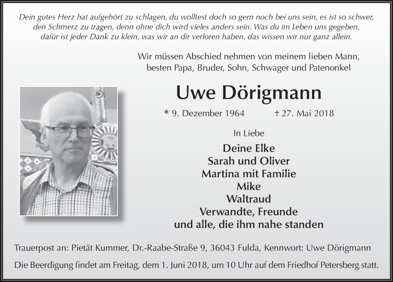  Traueranzeige für Uwe Dörigmann vom 30.05.2018 aus 