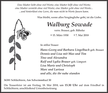 Traueranzeige von Walburg Sowade 