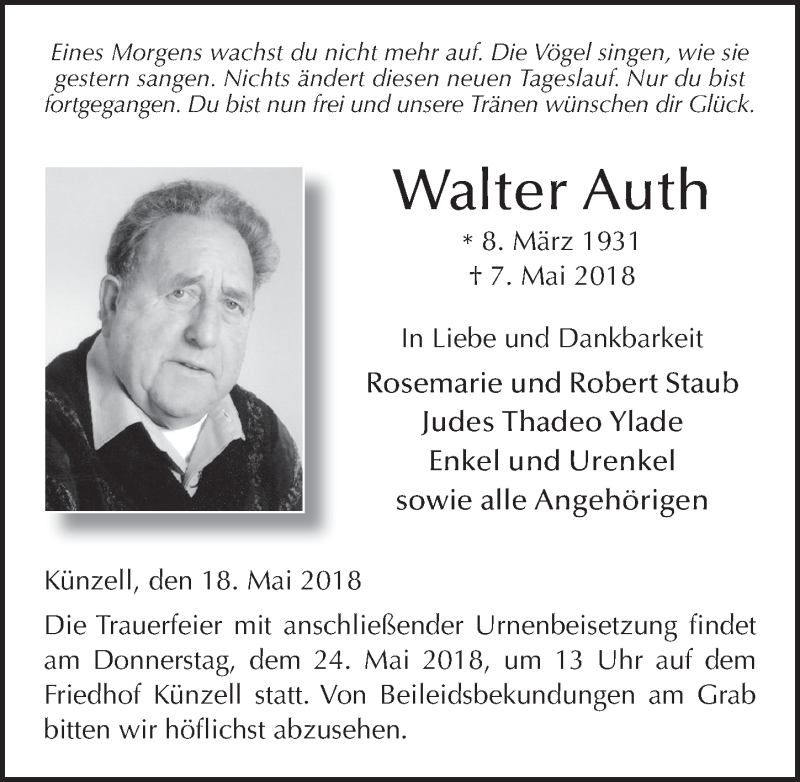  Traueranzeige für Walter Auth vom 18.05.2018 aus 