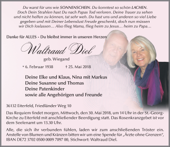 Traueranzeige von Waltraud Diel 