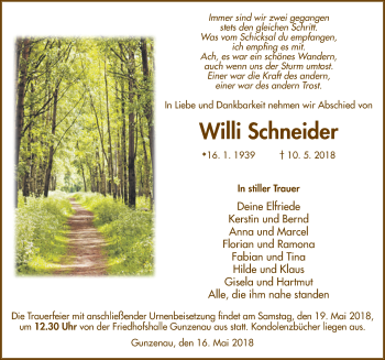 Traueranzeige von Willi Schneider 