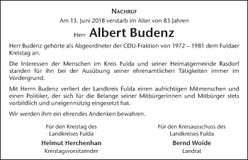 Traueranzeige von Albert Budenz 