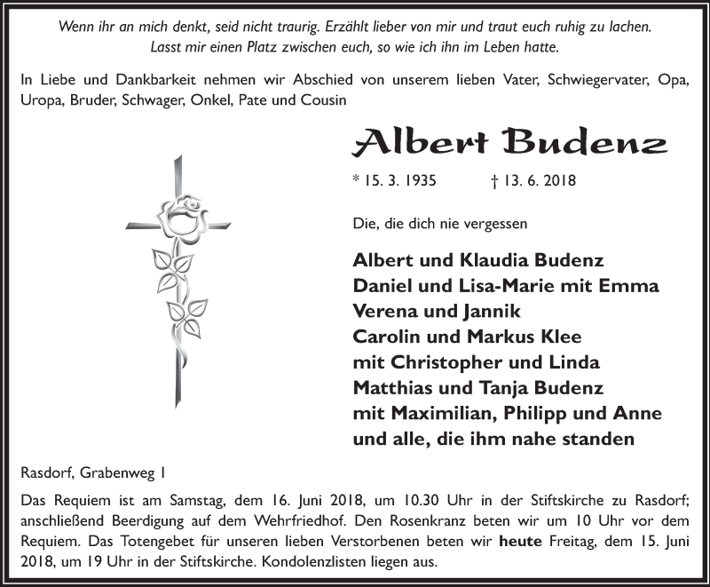  Traueranzeige für Albert Budenz vom 15.06.2018 aus 