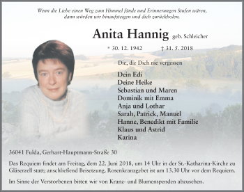 Traueranzeige von Anita Hannig 