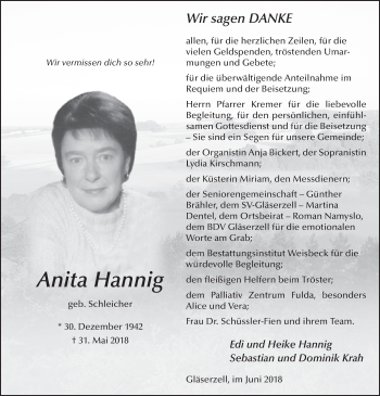 Traueranzeige von Anita Hannig 