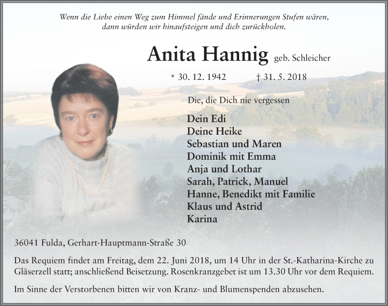  Traueranzeige für Anita Hannig vom 15.06.2018 aus 