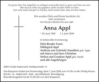 Traueranzeige von Anna Appl 