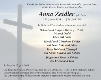 Traueranzeige von Anna Zeidler 