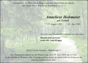 Traueranzeige von Anneliese Hohmeier 