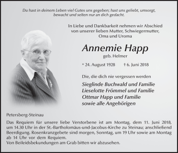 Traueranzeige von Annemie Happ 