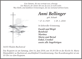 Traueranzeige von Anni Bellinger 